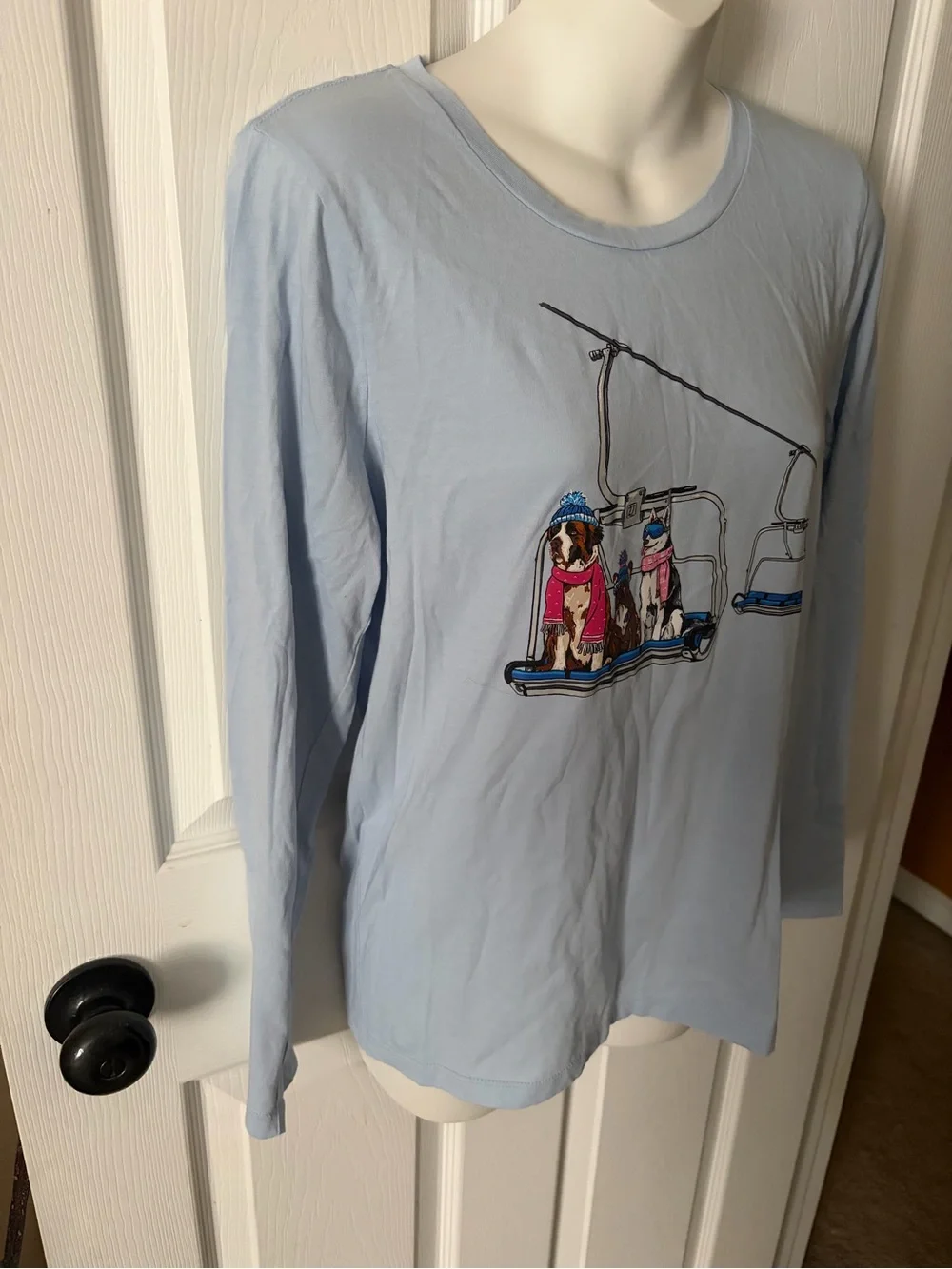J Crew Women’s Dogs On Ski Lift Collector Tee Long Sleeve Blue Size M